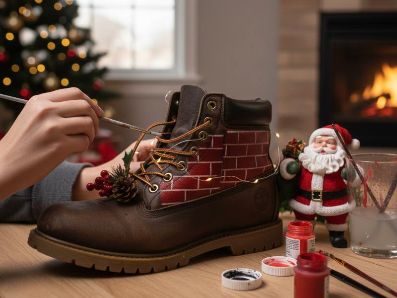 una persona dipinge un comignolo su uno scarpone