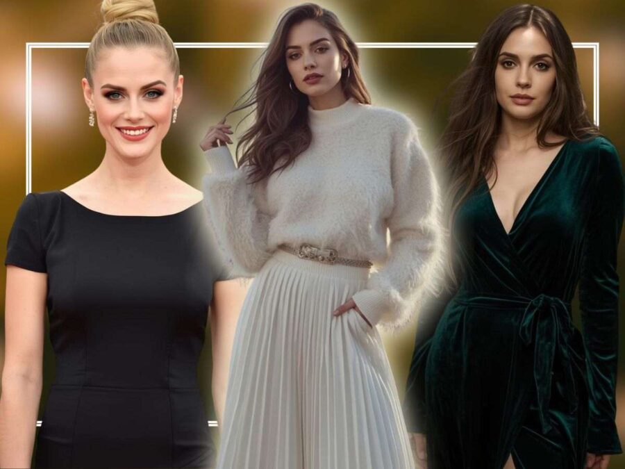 modella con abito nero, modella con maglione e gonna plissé, modella con abito in velluto