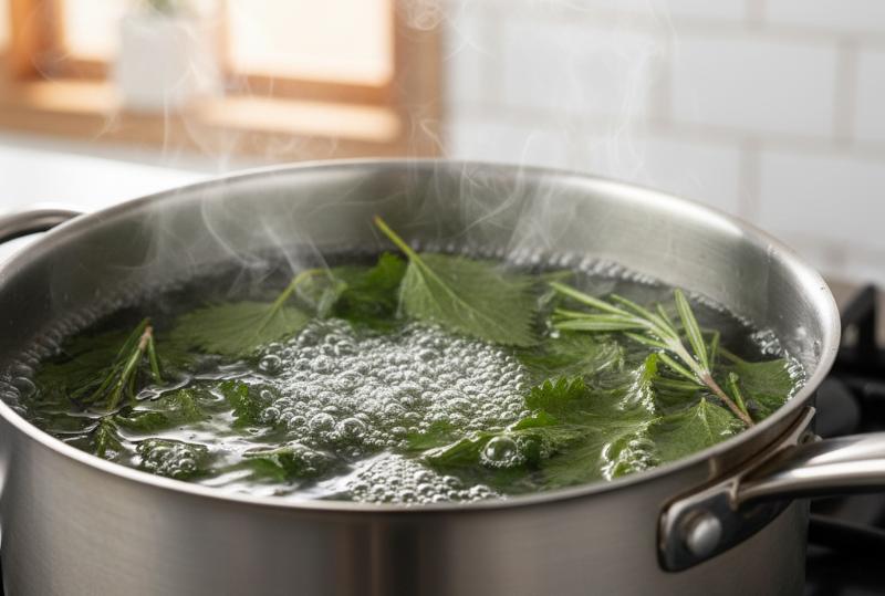ortica e rosmarino mentre bollono in una pentola