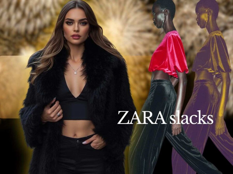 modella indossa pelliccia e un pantalone nero in velluto