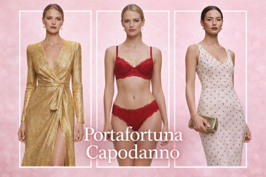 tre donne in outfit portafortuna di Capodanno, lingerie rossa al centro, abiti dorati e a pois ai lati