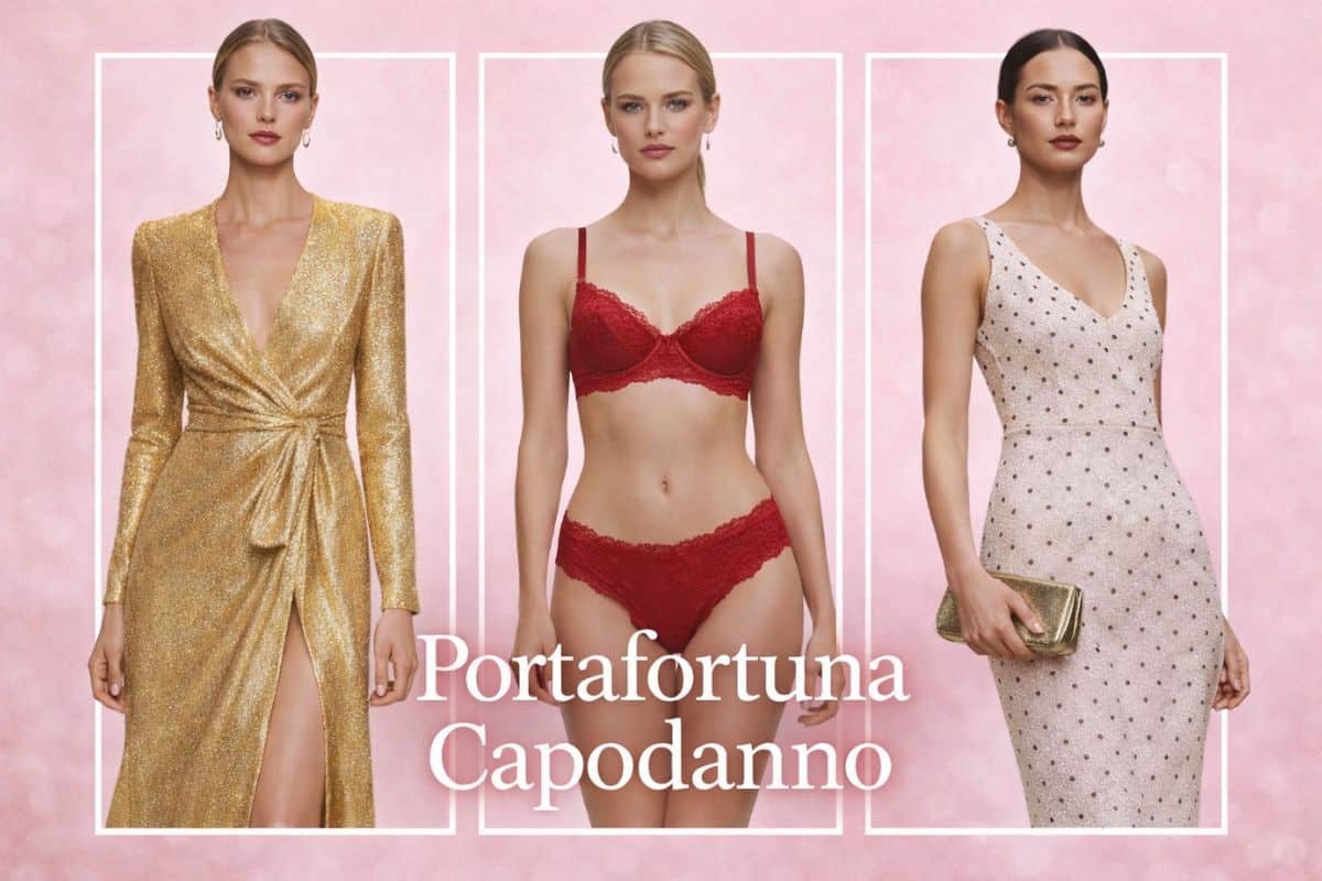 tre donne in outfit portafortuna di Capodanno, lingerie rossa al centro, abiti dorati e a pois ai lati