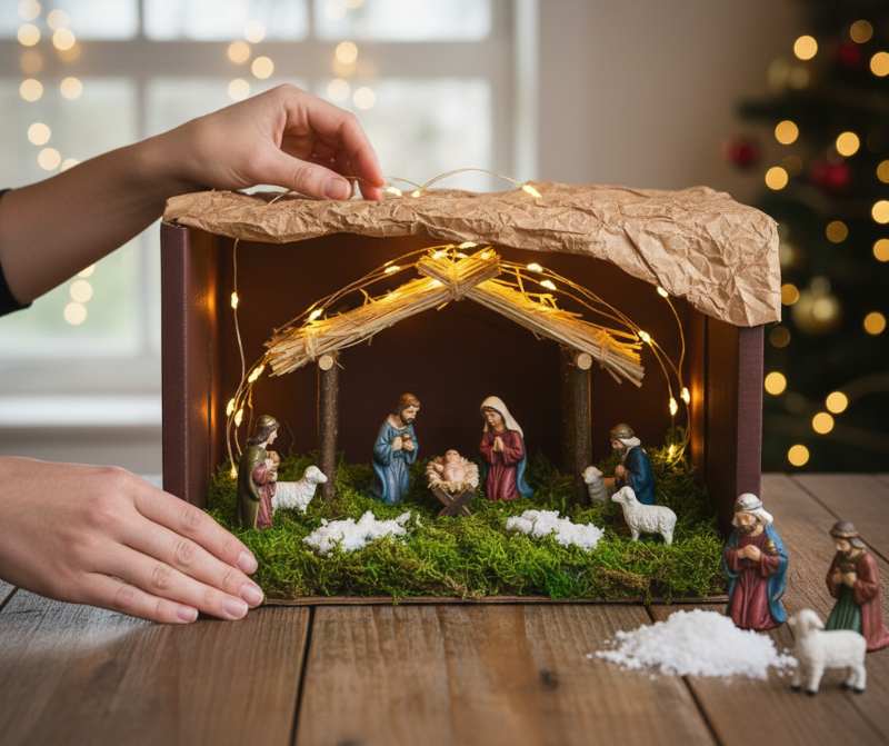 persona assembla un presepe dentro una scatola decorata