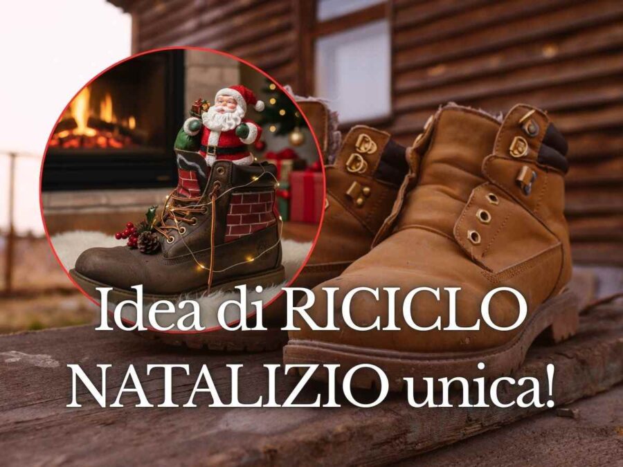 vecchi scarponi e scritta idea di riciclo natalizio unica