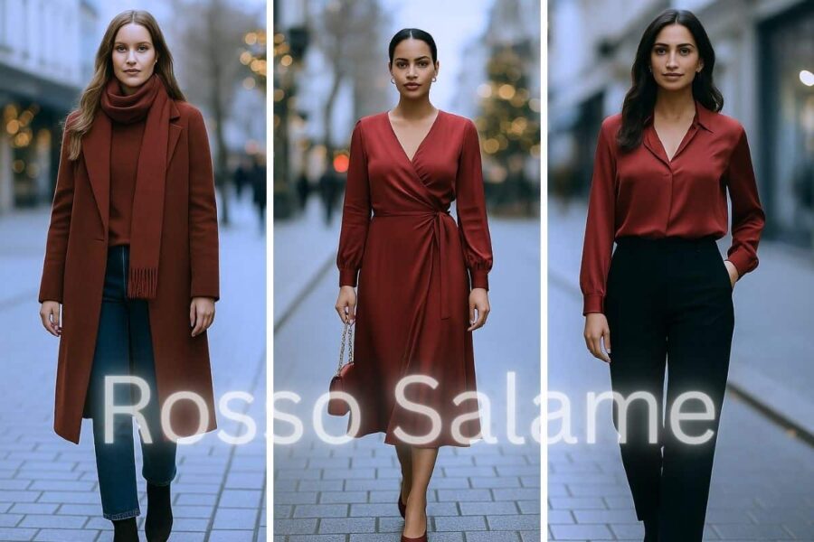 3 donne in strada natalizia con abiti rosso salame