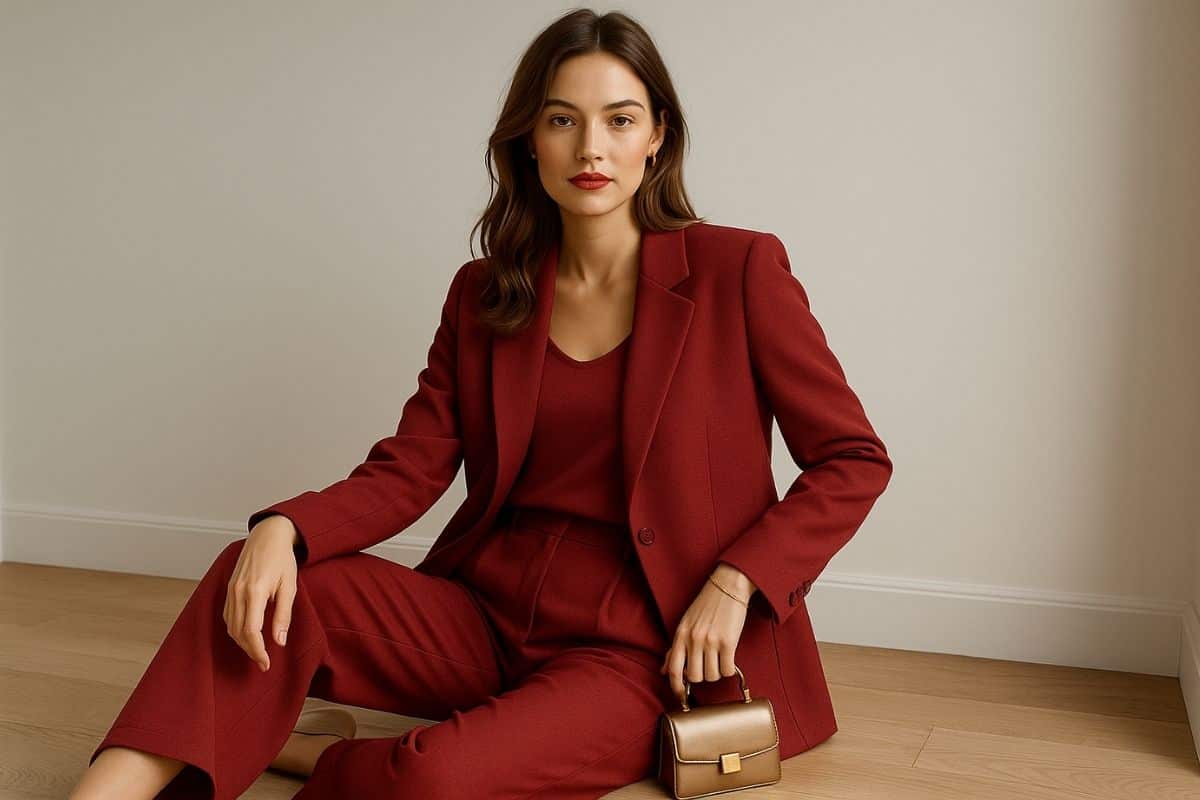 donna seduta a terra con completo rosso salame