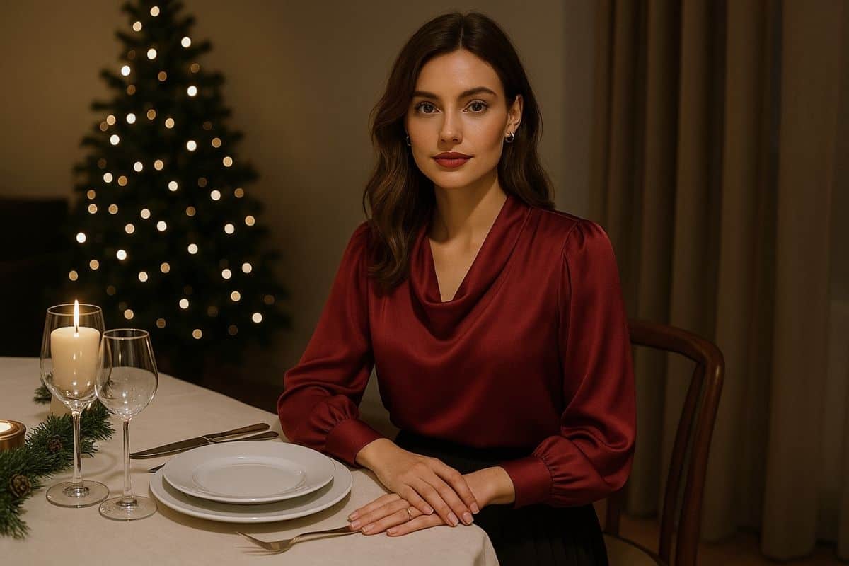 donna seduta a tavola natalizia con camicetta rossa