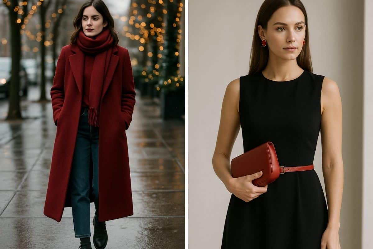 donna con cappotto rosso salame e donna con abito nero e accessori rossi