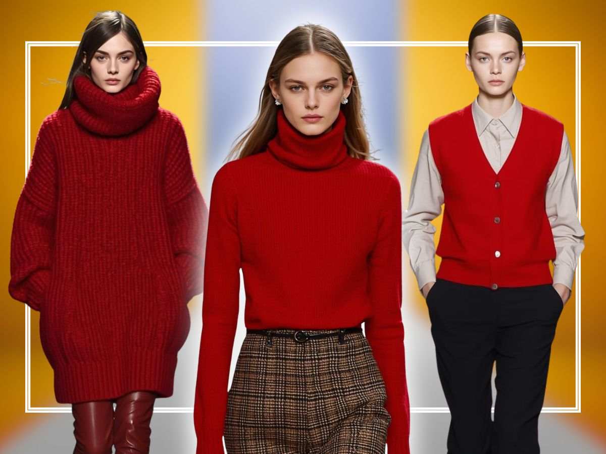 modelle indossano maglioni e gilet rossi