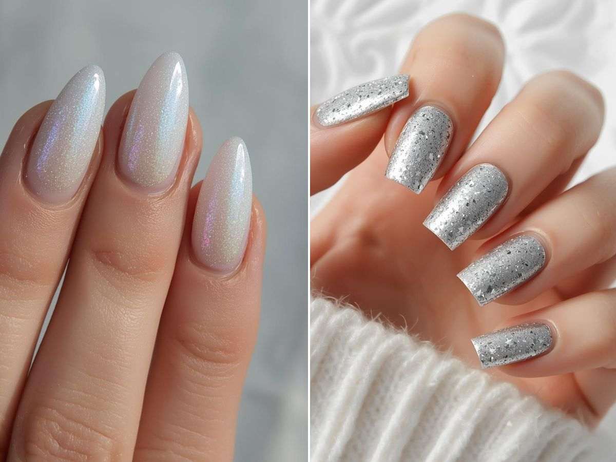 unghie color ghiaccio e unghie argento con glitter