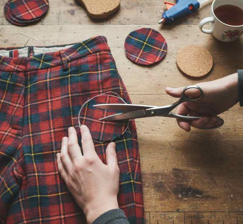 persona ritaglia cerchio da un vecchio pantalone in tartan