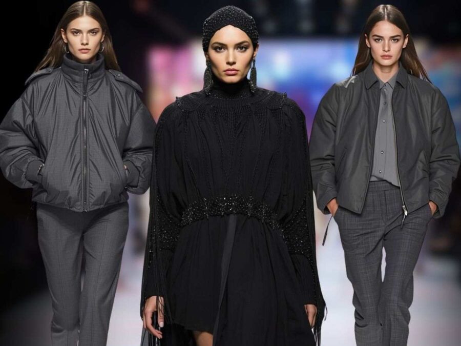 modelle sfilano con outfit eleganti ma privi di colori