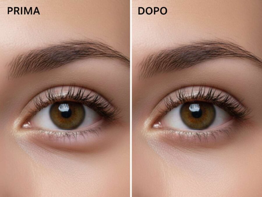 un prima e un dopo di un occhio con una borsa sotto e poi normale