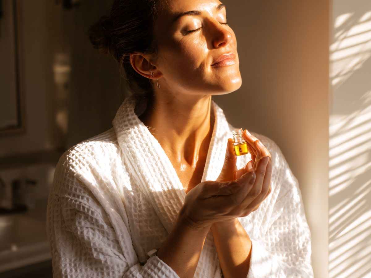 donn con accappatoio annusa il contenuto di una boccettina