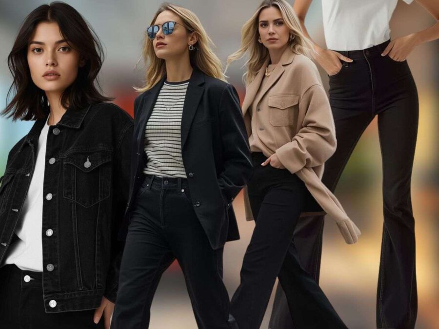 donne con jeans neri e outfit denim