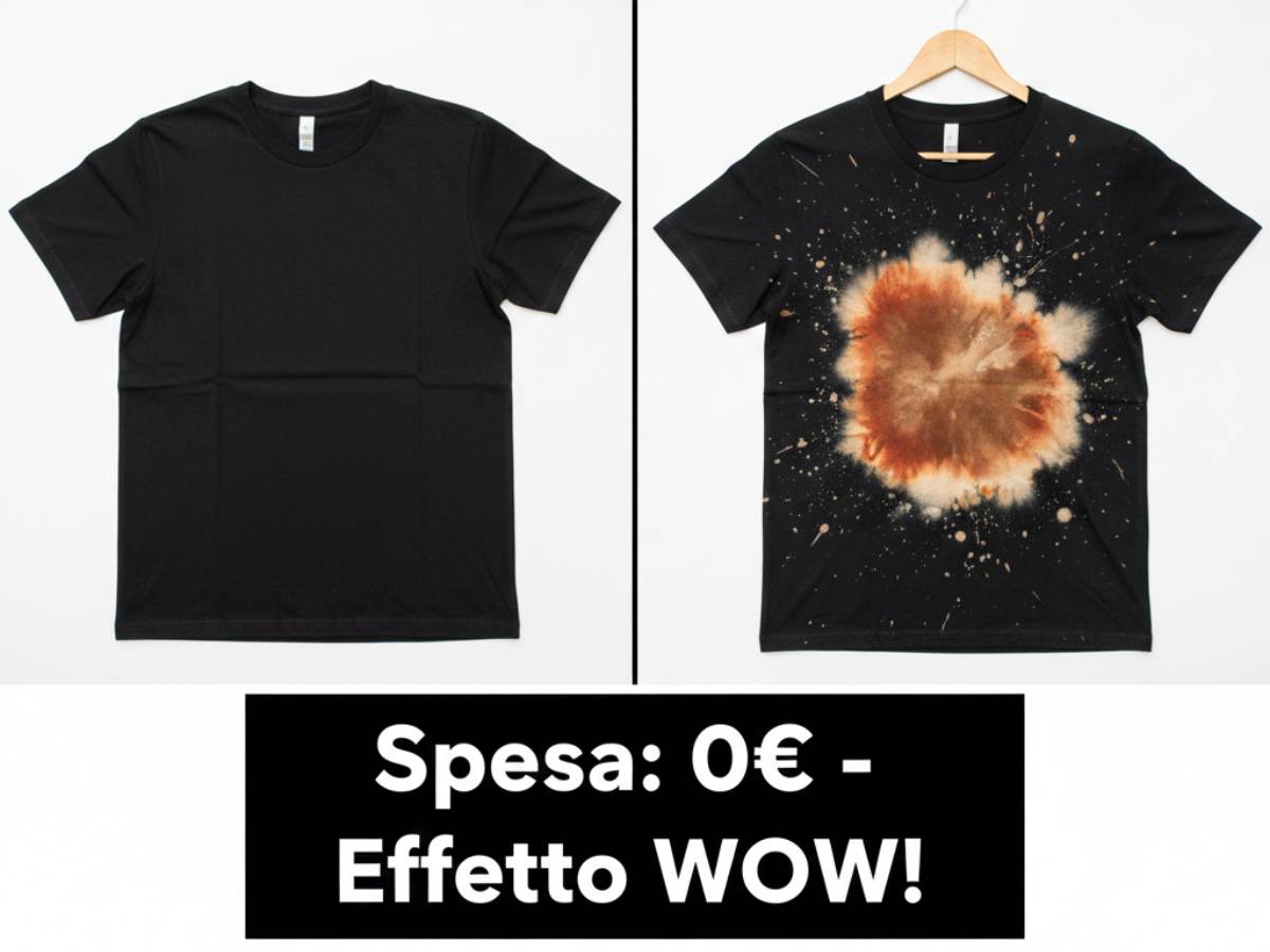 maglietta nera prima e dopo senza e con candeggina