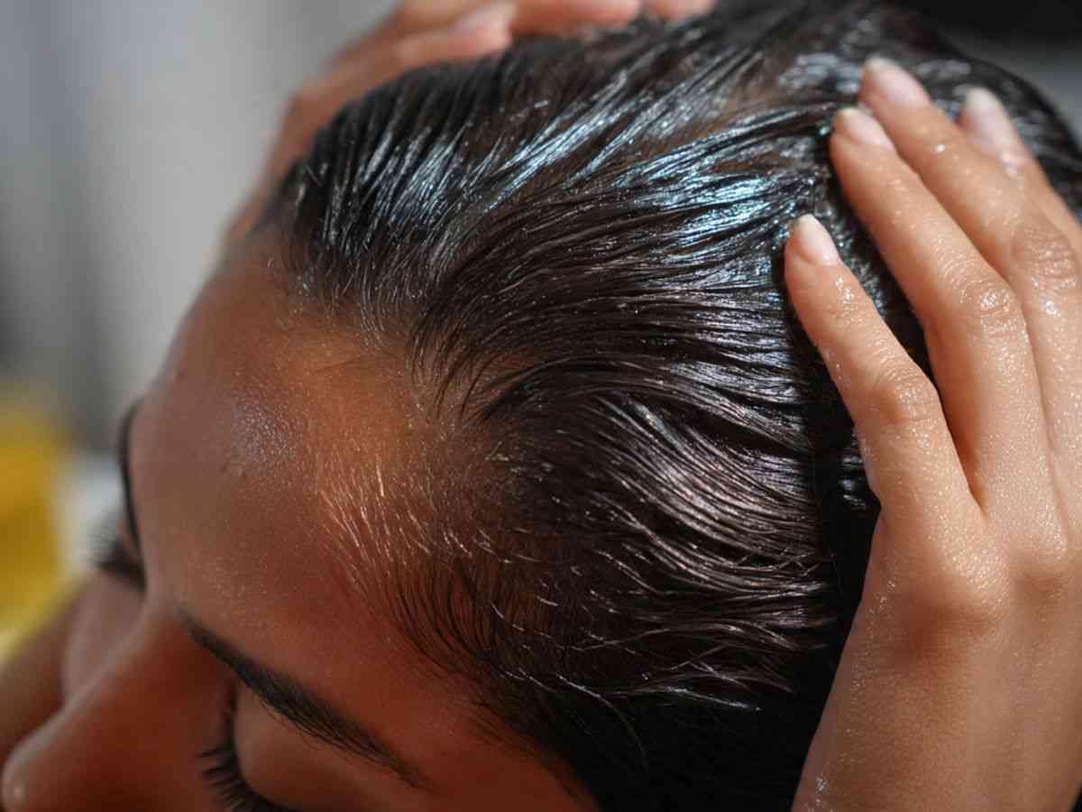 donna massaggia capelli con olio