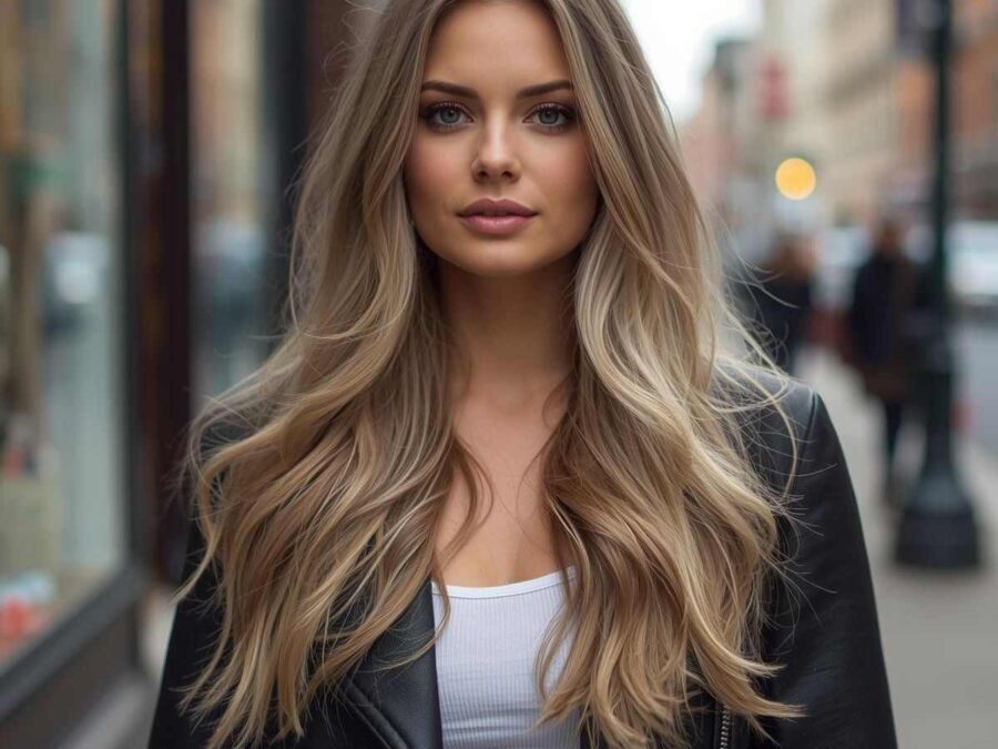 ragazza per strada con capelli lunghi biondi