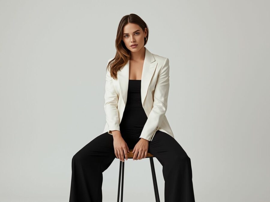 modella con blazer bianco