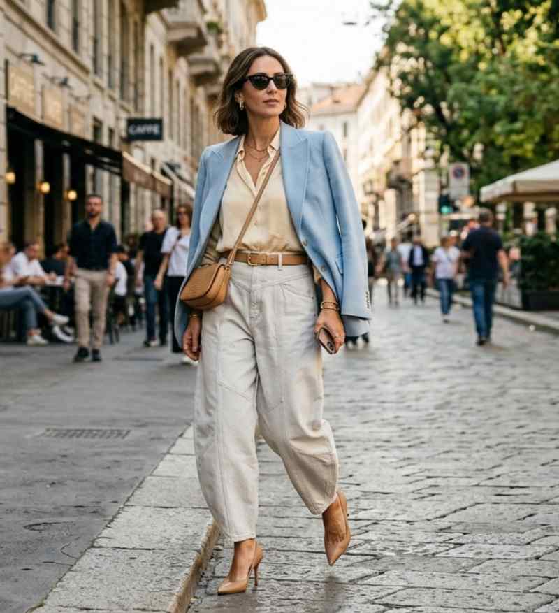 outfit donna con jeans chiaro, camicia color burro e blazer carta da zucchero