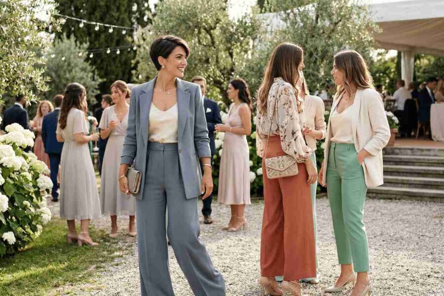 donne che parlano con completo pantalone