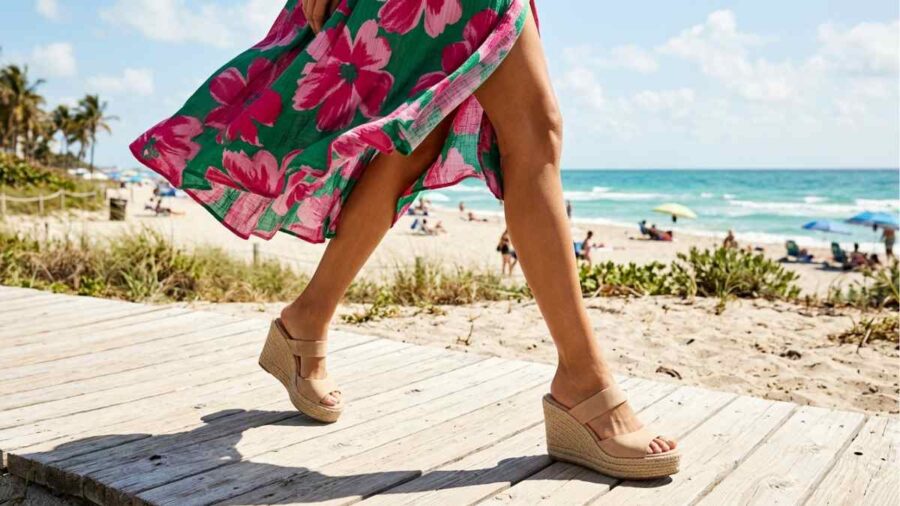 Il segreto del "passo nudo": come la scelta tra zeppa e spillo altera la geometria delle gambe sotto il sole